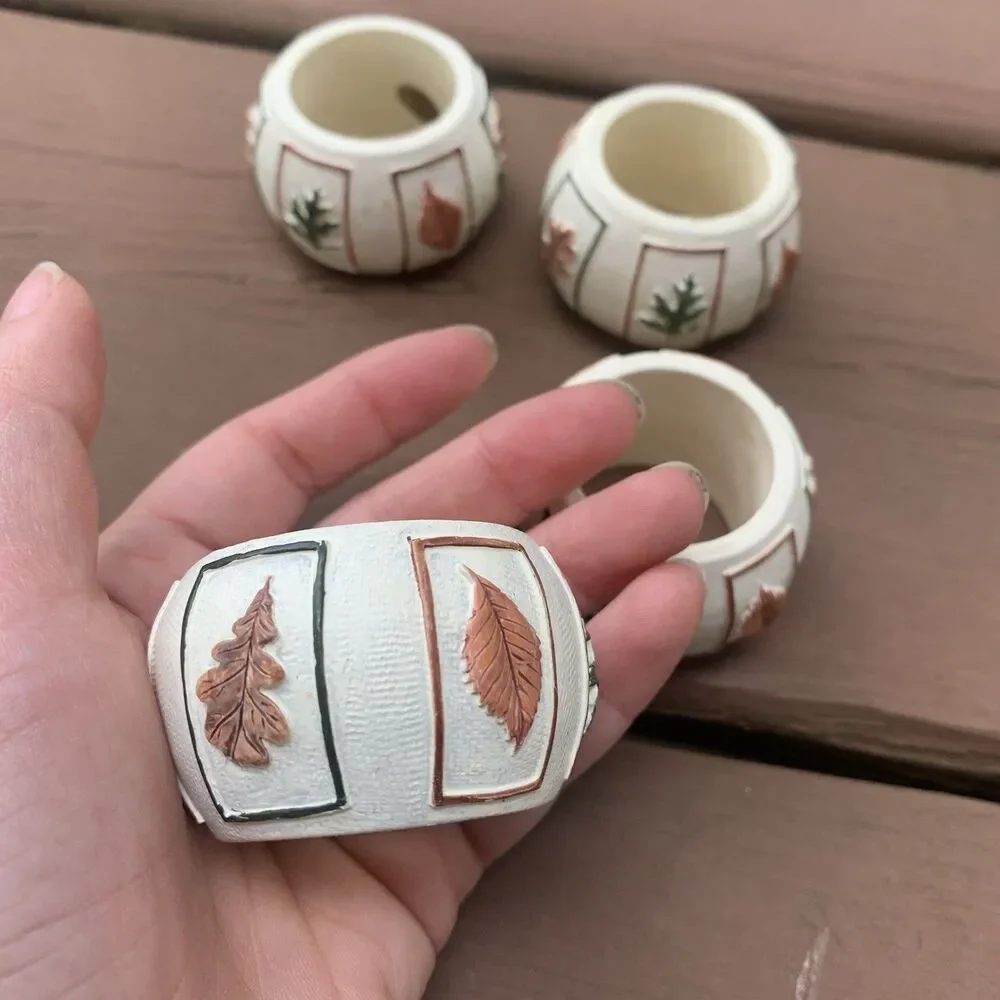 Vintage Napkin Rings 2” (4) Resin Leaves 3-D Autumn COTTAGE BOHO Thanksgiving